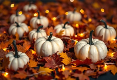 White pumpkins sit in a bed of autumn leaves