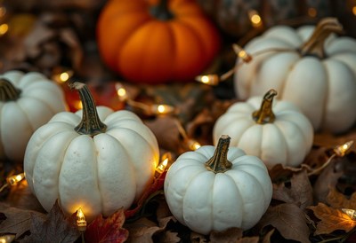 White pumpkins with lights in autumn