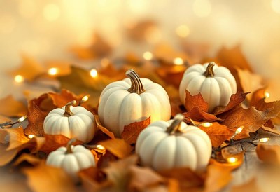 White pumpkins sit on a bed of autumn leaves