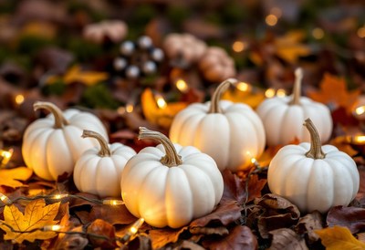 White pumpkins glow in the fall leaves
