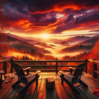 Two chairs on a deck overlooking a mountain sunrise