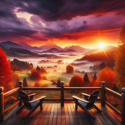 Two chairs on a wooden deck overlooking a valley at sunrise