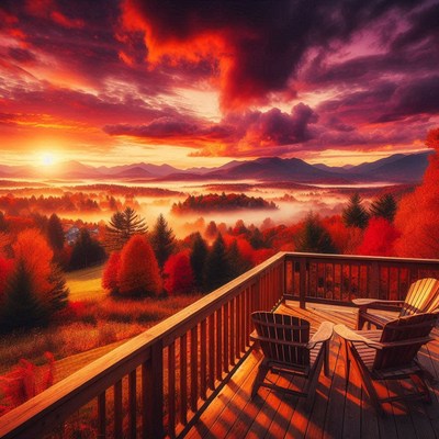 A wooden deck overlooks a valley with fall foliage at sunset