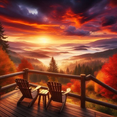 Two chairs on a deck overlooking a mountain sunrise