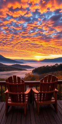 Two chairs face a vibrant sunrise over mountains