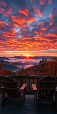 Two chairs on a deck overlooking a mountain sunrise
