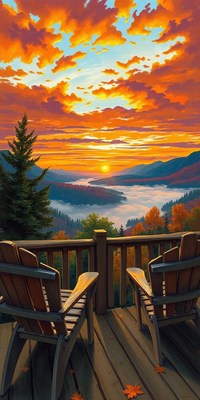 Two chairs on a deck overlooking a mountain sunset