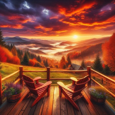 Two chairs on a deck overlook a mountain sunset