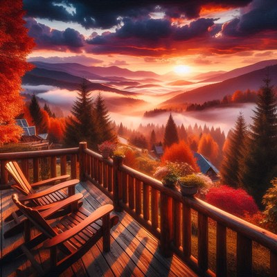 Two chairs on a deck overlook a scenic mountain sunrise