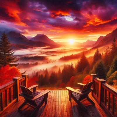 Two chairs on a wooden deck overlook a valley at sunset