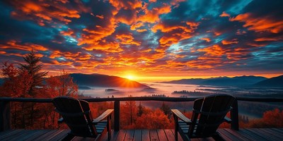 Two chairs on a deck overlooking a valley sunrise