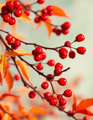 Red berries on a branch with orange leaves