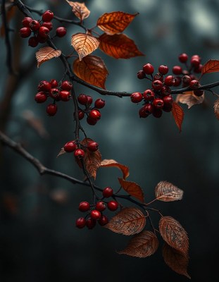 Red berries and leaves hang from a branch