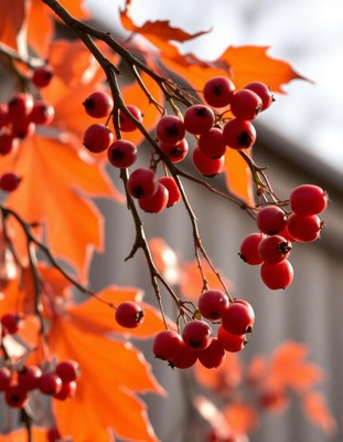 Red berries hang on a branch in the fall
