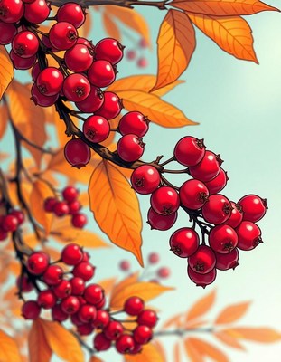 Red berries hang from a branch against a blue sky