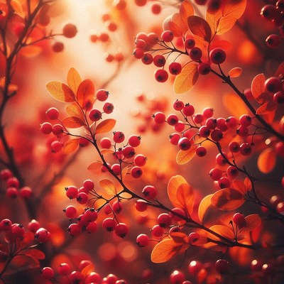 Red berries on a branch with orange leaves in the fall
