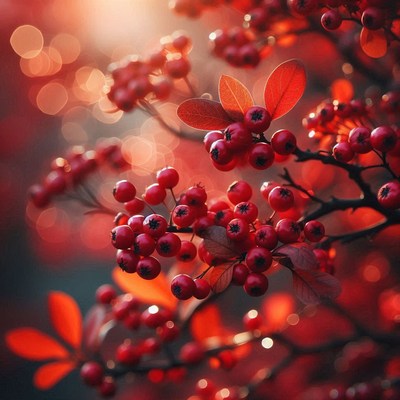 Red berries on a branch in the afternoon sun