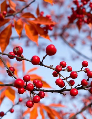 Red berries grow on a branch against a blue sky