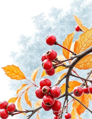 Red berries on a branch with yellow leaves