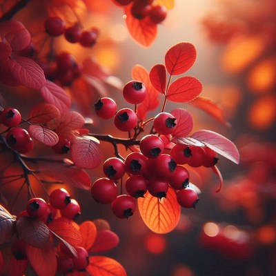 Red berries hang from a branch in the fall