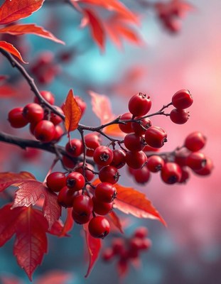 Red berries hang from a branch in the fall