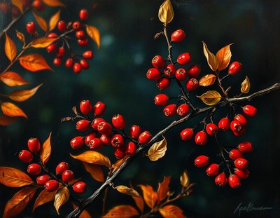 Red berries on a branch with yellow leaves