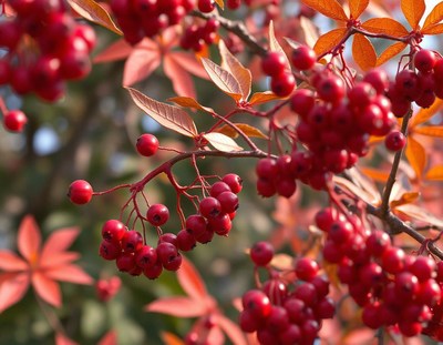 Red berries cluster on a branch in the fall