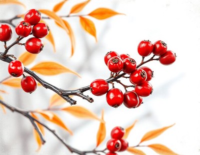 Red berries grow on a branch with orange leaves