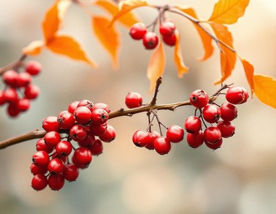 Red berries hang from a branch in the fall