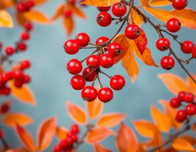 Red berries hang from a branch in the fall