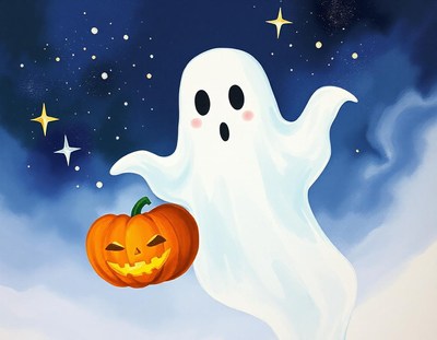Ghost holds a jack-o'-lantern in the night sky
