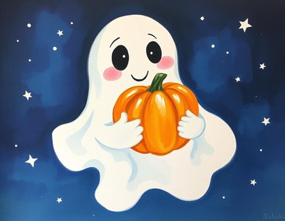 A friendly ghost holds a pumpkin against a starry night sky