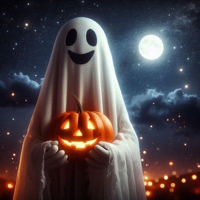A ghost with a jack-o'-lantern on a starry night