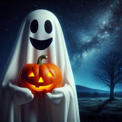 Ghost with jack-o'-lantern under the stars