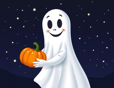 A friendly ghost holds a pumpkin under a starry night sky