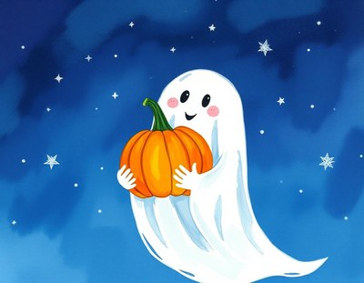 A friendly ghost holds a pumpkin under a starry sky