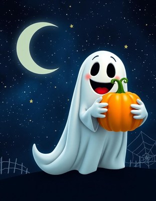 A friendly ghost holds a pumpkin under a crescent moon