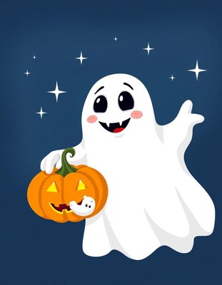 A friendly ghost holds a jack-o-lantern on a starry night