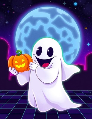 A happy ghost holds a jack-o-lantern under a full moon