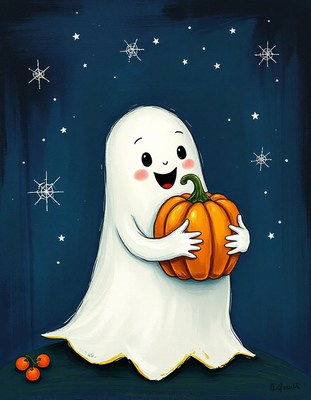 A happy ghost holds a pumpkin under a starry sky