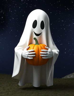 A ghost holds a pumpkin under a starry night sky