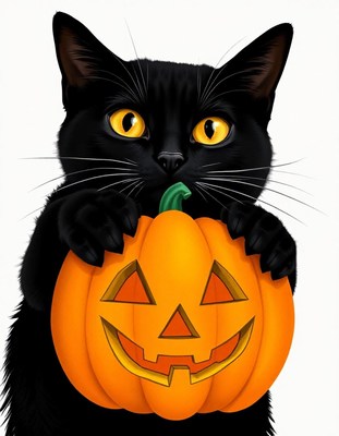 A black cat holds a jack-o'-lantern