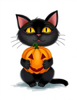 A black cat holds a carved pumpkin