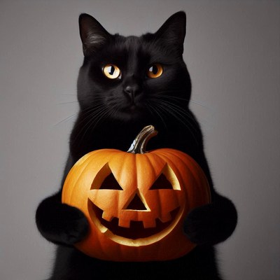 A black cat holds a carved pumpkin