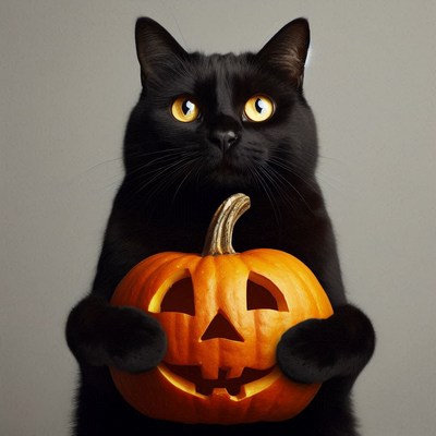 A black cat holds a carved pumpkin
