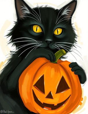 A black cat holds a carved pumpkin