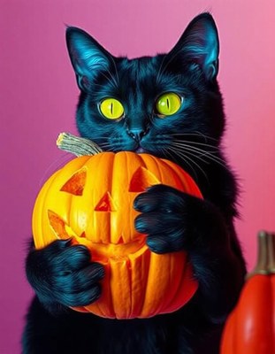 Black cat with pumpkin on pink background