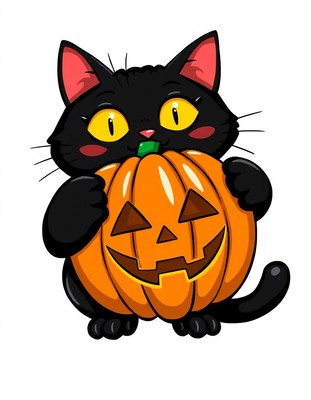 A black cat holds a carved pumpkin