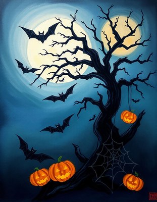 Bats fly around a spooky tree with jack-o-lanterns