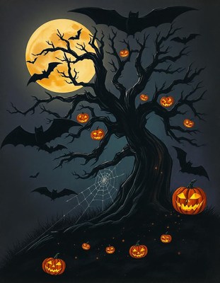 A bare-branched tree stands silhouetted against a full moon